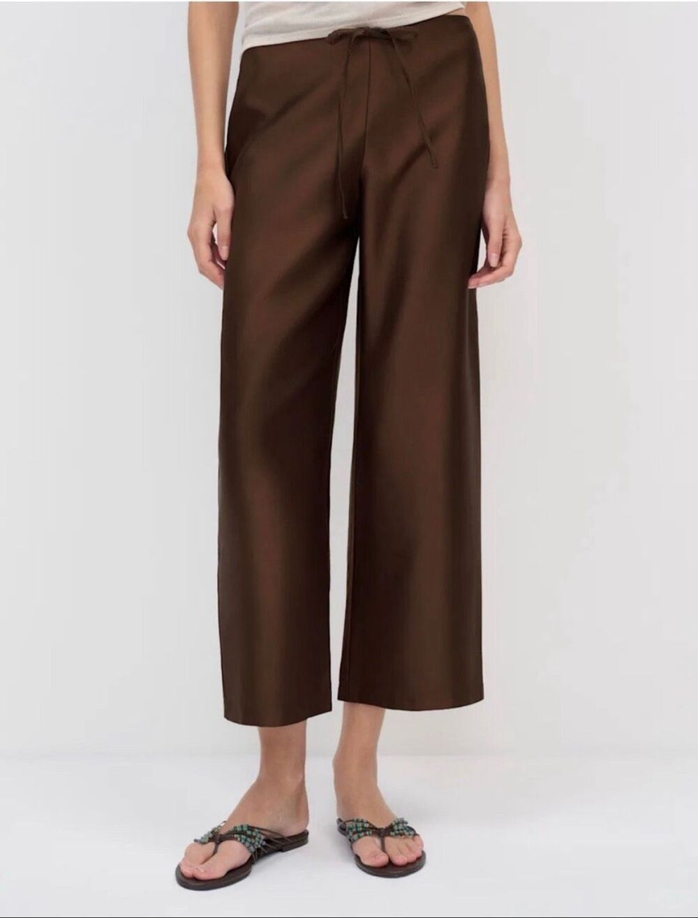 Reformation Olina Pants S Brown Satin Wide Leg Cropped Drawstring High Rise